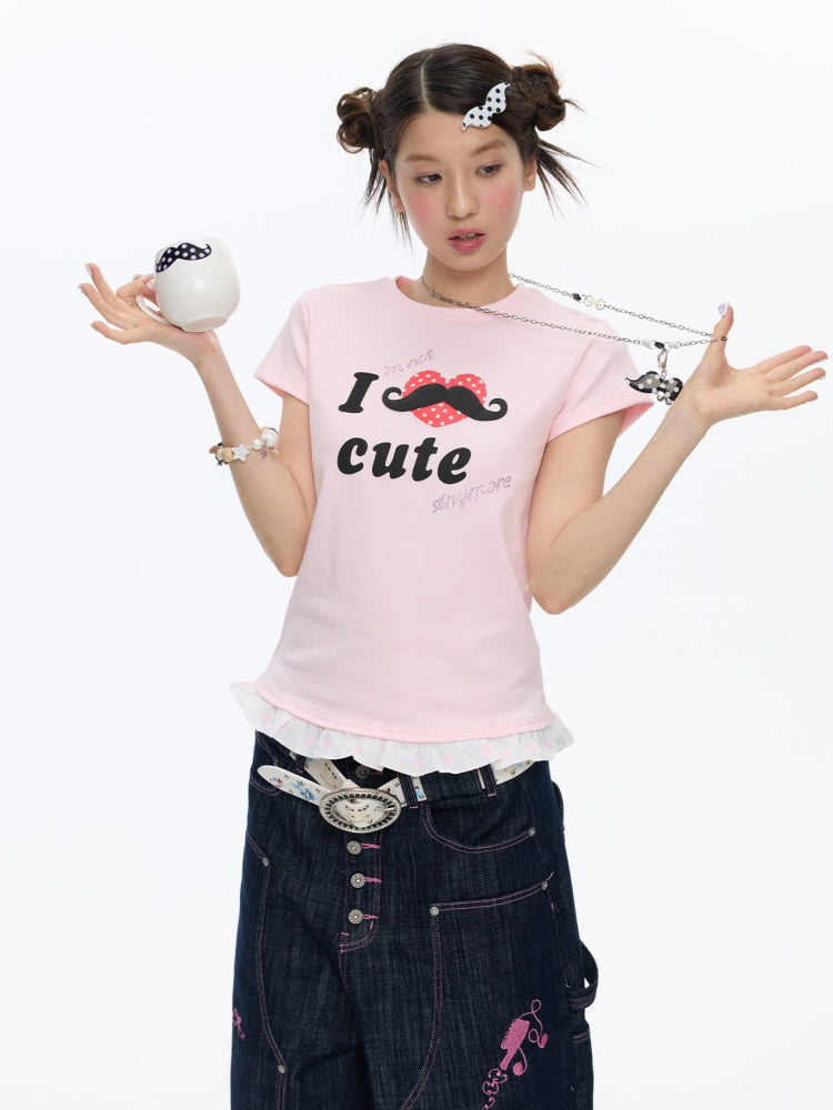Beard Polka Dot Lace Rhinestone Short-Sleeved T-Shirt【s0000016813】