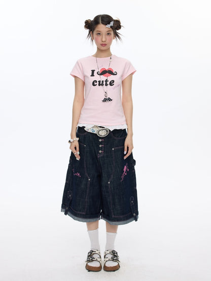 Beard Polka Dot Lace Rhinestone Short-Sleeved T-Shirt【s0000016813】