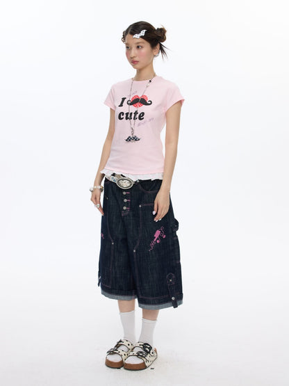 Beard Polka Dot Lace Rhinestone Short-Sleeved T-Shirt【s0000016813】