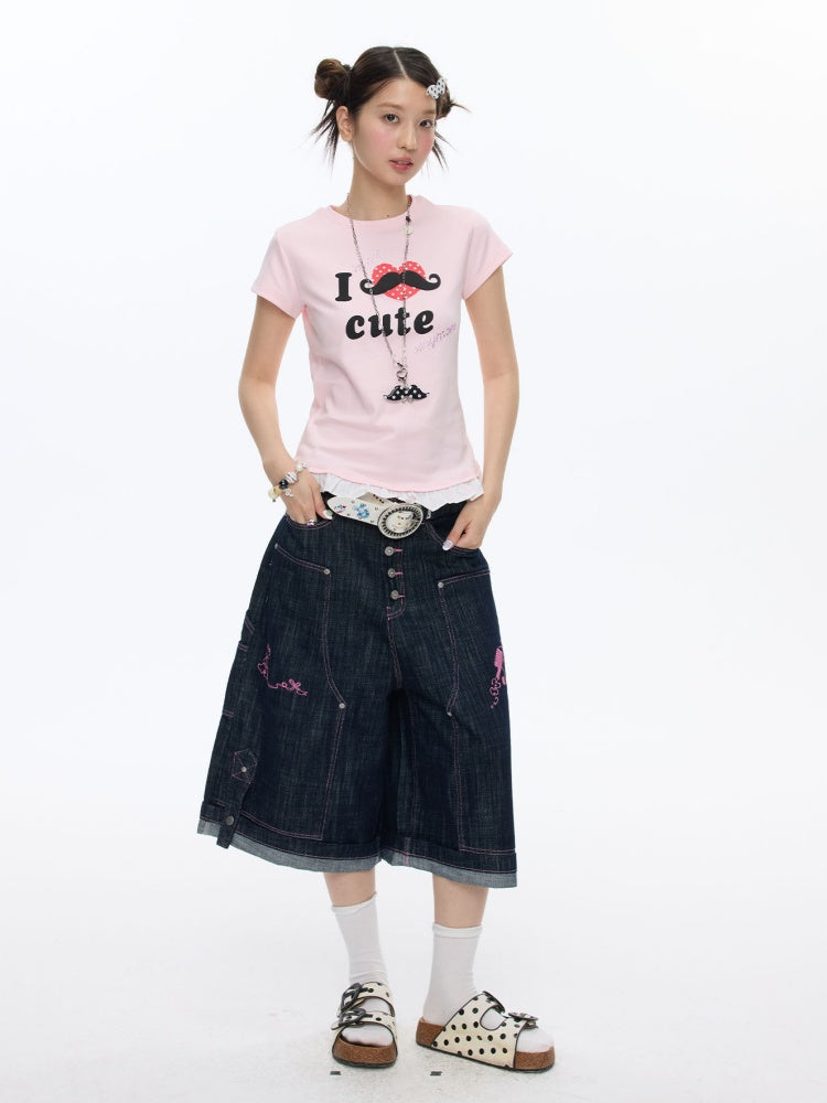 Beard Polka Dot Lace Rhinestone Short-Sleeved T-Shirt【s0000016813】