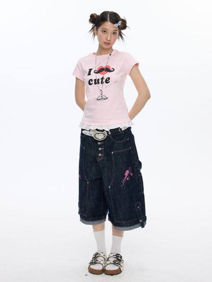 Beard Polka Dot Lace Rhinestone Short-Sleeved T-Shirt【s0000016813】