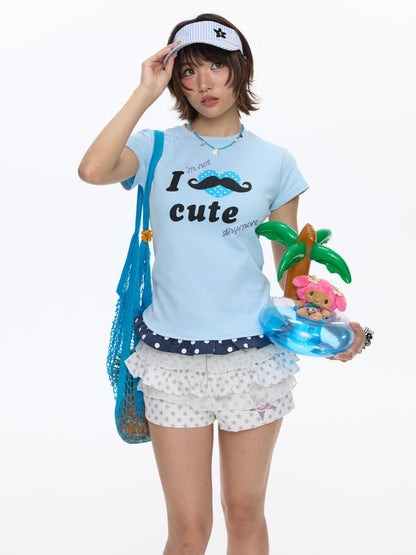 Beard Polka Dot Lace Rhinestone Short-Sleeved T-Shirt【s0000016813】