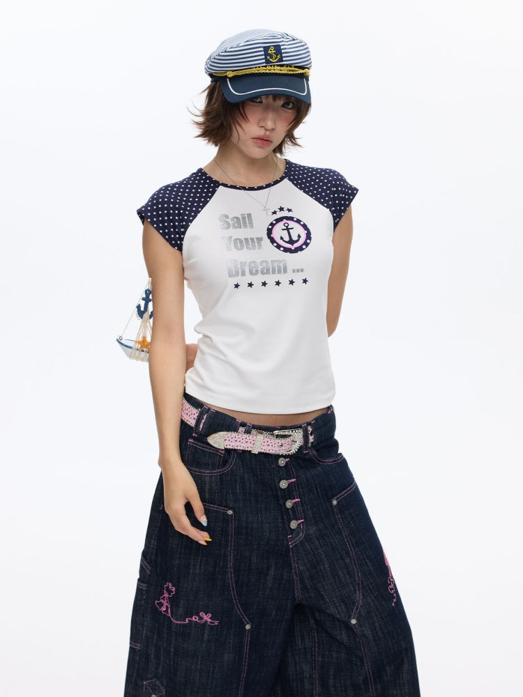 Raglan Cropped Contrasting Short-Sleeved T-Shirt【s0000016814】