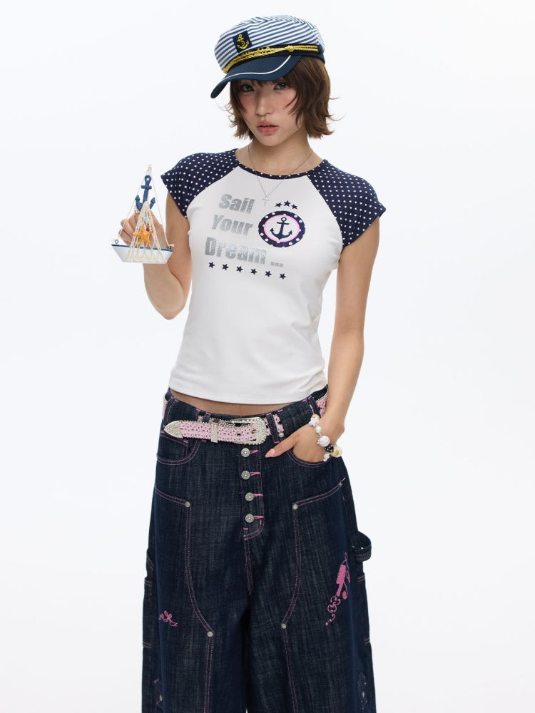 Raglan Cropped Contrasting Short-Sleeved T-Shirt【s0000016814】