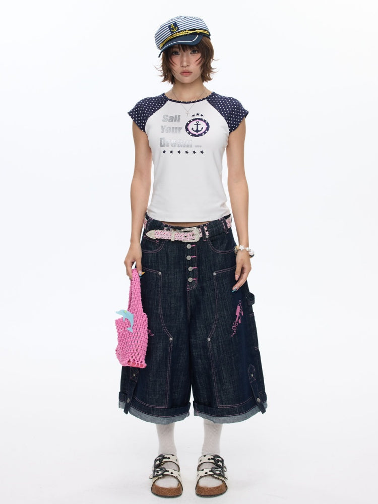 Raglan Cropped Contrasting Short-Sleeved T-Shirt【s0000016814】