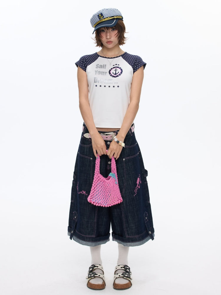Raglan Cropped Contrasting Short-Sleeved T-Shirt【s0000016814】