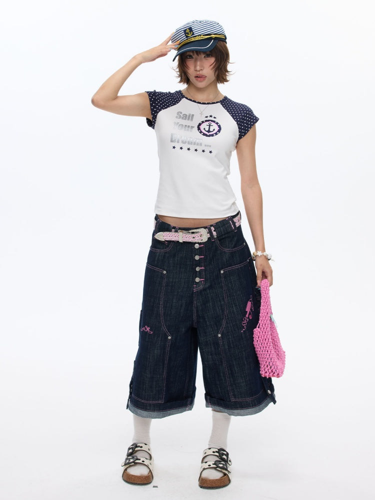 Raglan Cropped Contrasting Short-Sleeved T-Shirt【s0000016814】