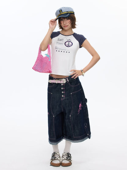 Raglan Cropped Contrasting Short-Sleeved T-Shirt【s0000016814】