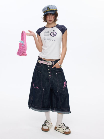 Raglan Cropped Contrasting Short-Sleeved T-Shirt【s0000016814】