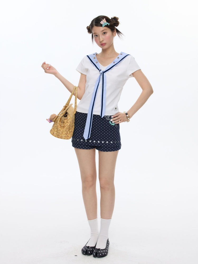 Detachable Navy Collar Button Front Shoulder T-Shirt【s0000016815】