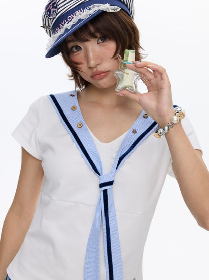 Detachable Navy Collar Button Front Shoulder T-Shirt【s0000016815】