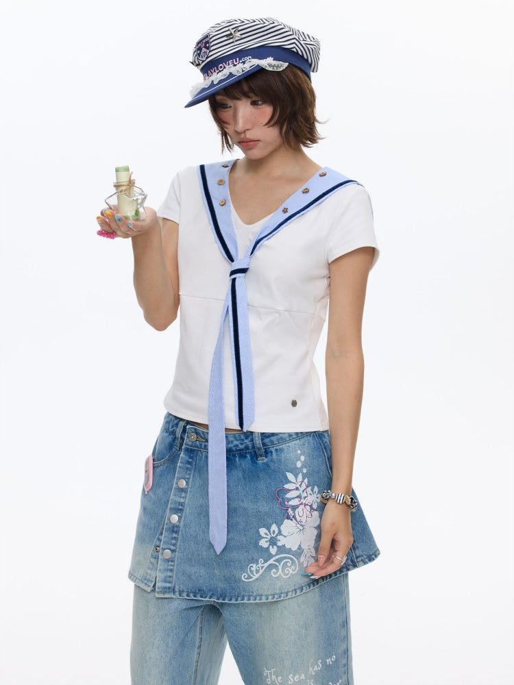 Detachable Navy Collar Button Front Shoulder T-Shirt【s0000016815】