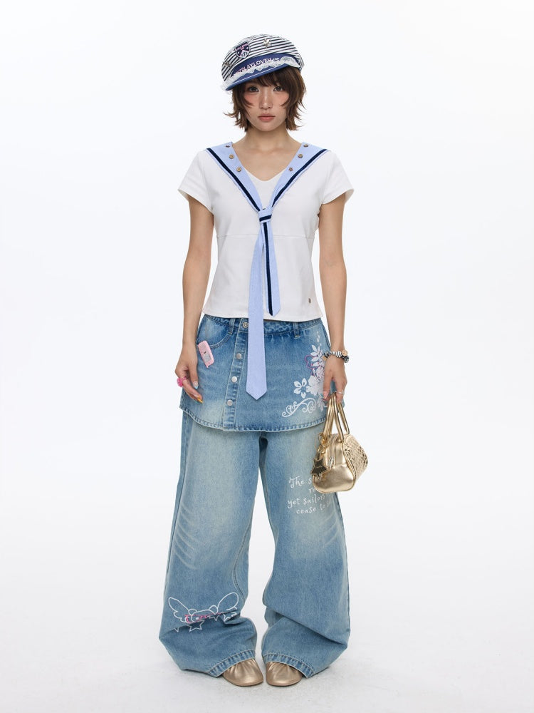 Detachable Navy Collar Button Front Shoulder T-Shirt【s0000016815】