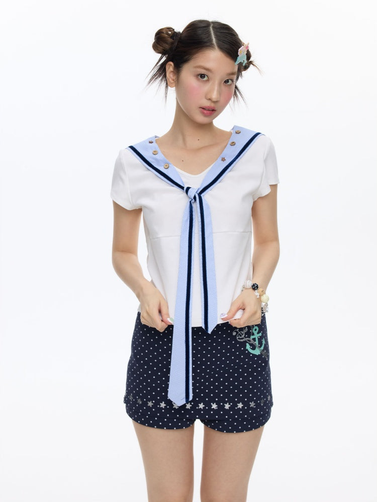 Detachable Navy Collar Button Front Shoulder T-Shirt【s0000016815】