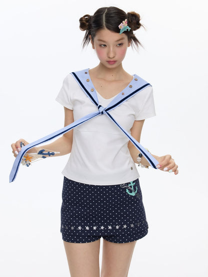 Detachable Navy Collar Button Front Shoulder T-Shirt【s0000016815】