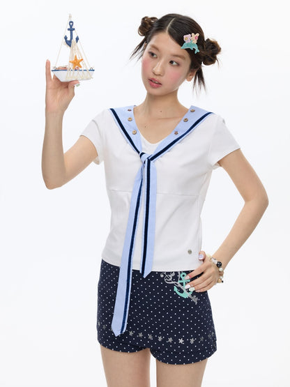 Detachable Navy Collar Button Front Shoulder T-Shirt【s0000016815】