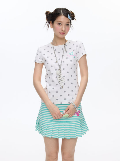 Multi-Colored Short Sleeve Slim Polka Dot Stripe T-Shirt【s0000016816】