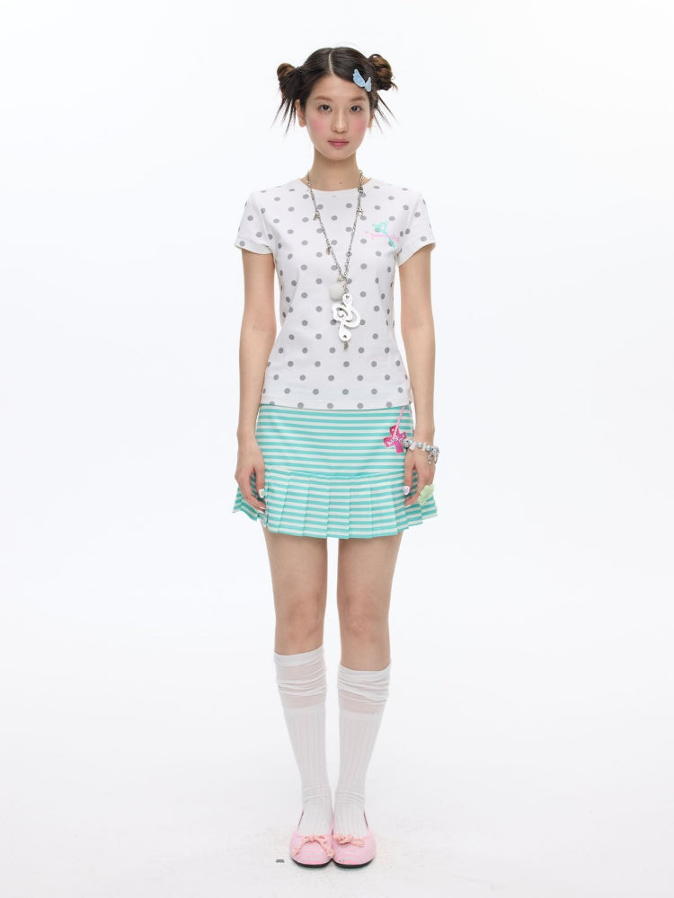 Multi-Colored Short Sleeve Slim Polka Dot Stripe T-Shirt【s0000016816】