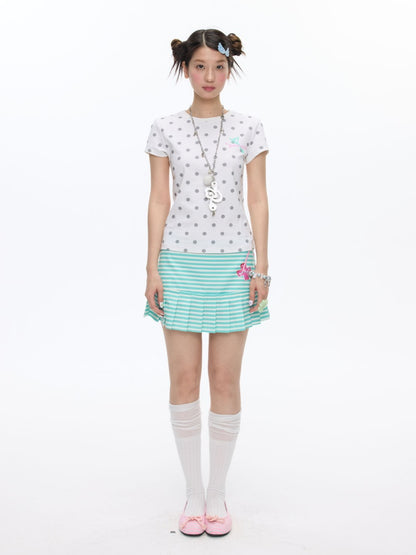 Multi-Colored Short Sleeve Slim Polka Dot Stripe T-Shirt【s0000016816】