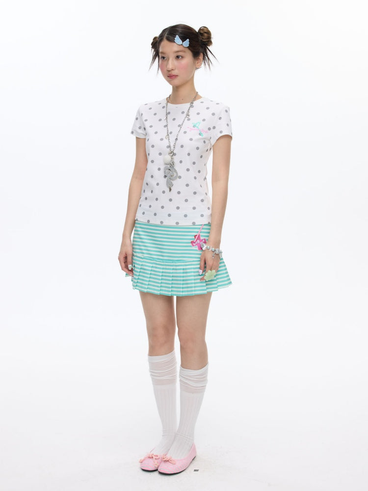 Multi-Colored Short Sleeve Slim Polka Dot Stripe T-Shirt【s0000016816】