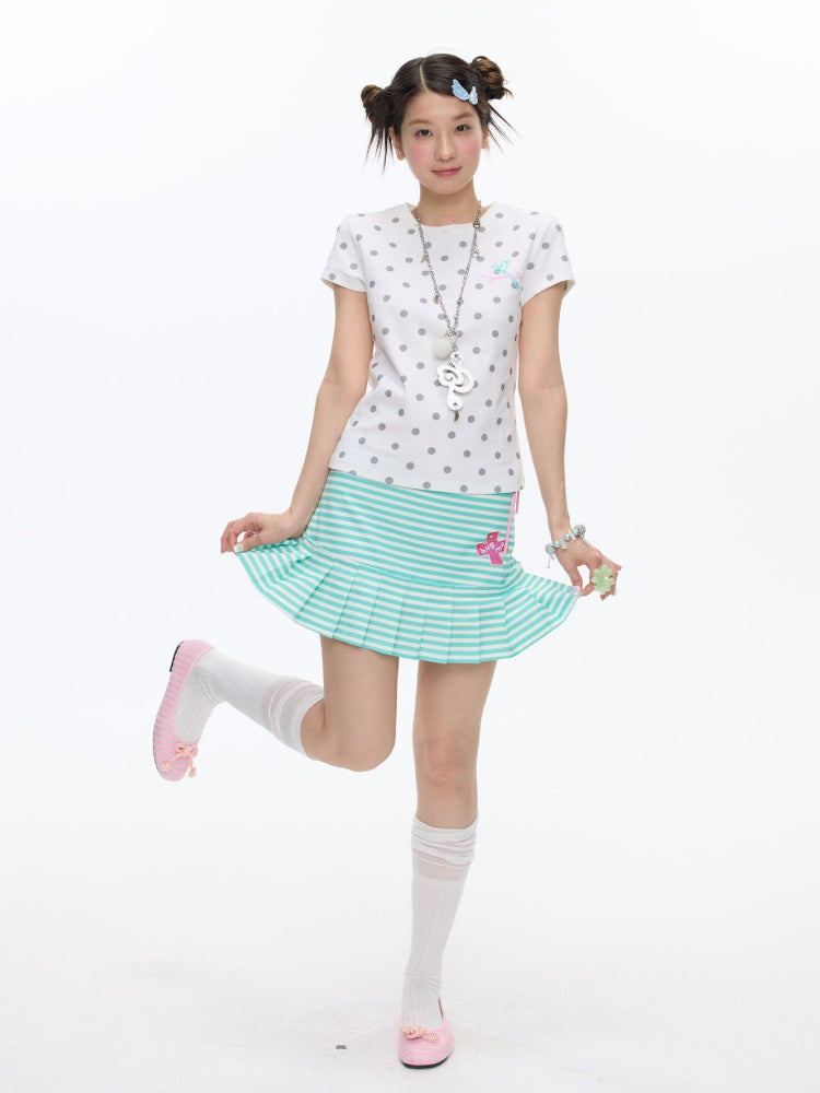 Multi-Colored Short Sleeve Slim Polka Dot Stripe T-Shirt【s0000016816】