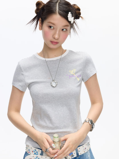 Multi-Colored Short Sleeve Slim Polka Dot Stripe T-Shirt【s0000016816】