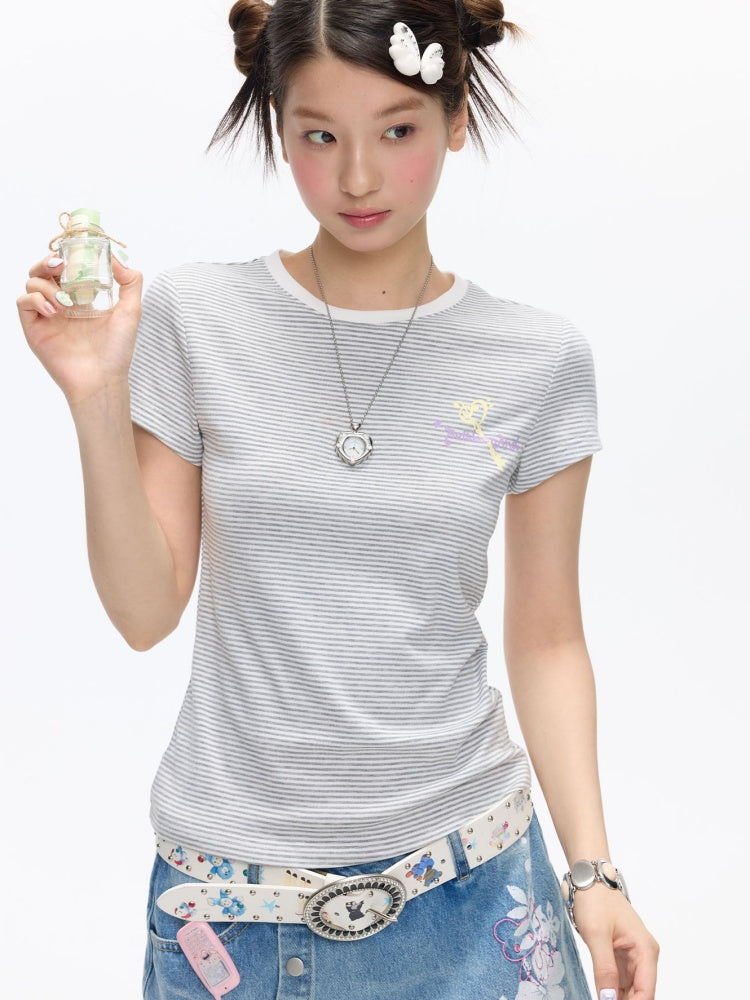 Multi-Colored Short Sleeve Slim Polka Dot Stripe T-Shirt【s0000016816】