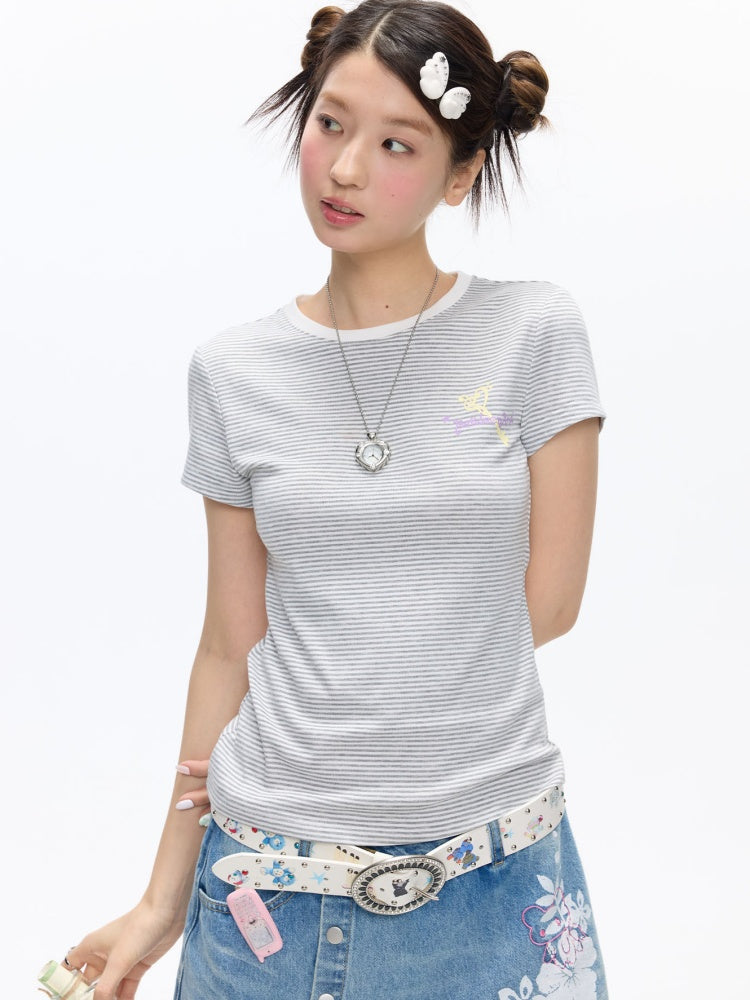 Multi-Colored Short Sleeve Slim Polka Dot Stripe T-Shirt【s0000016816】