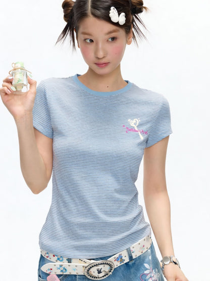 Multi-Colored Short Sleeve Slim Polka Dot Stripe T-Shirt【s0000016816】