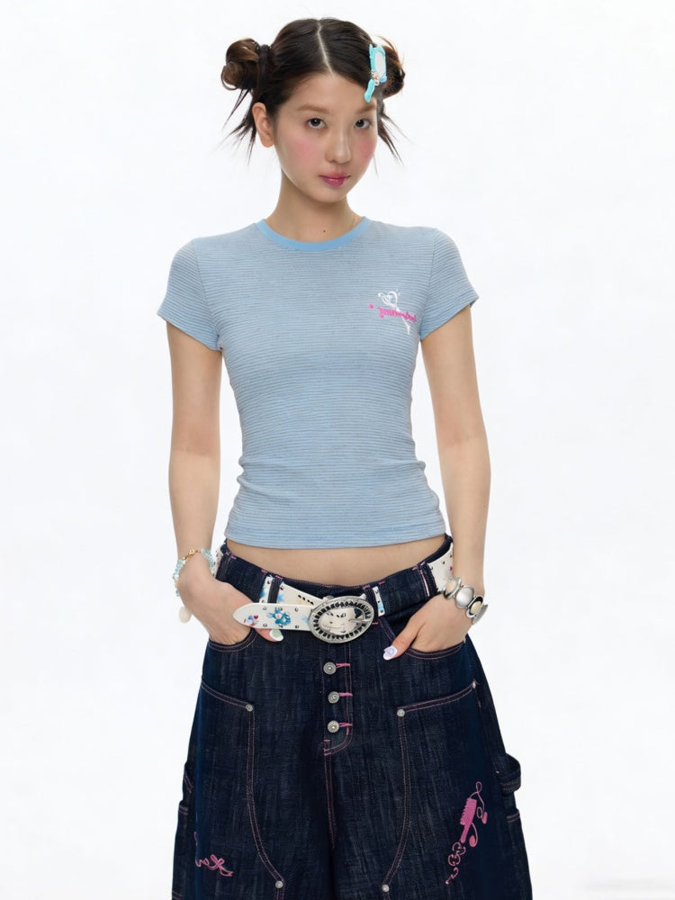 Multi-Colored Short Sleeve Slim Polka Dot Stripe T-Shirt【s0000016816】