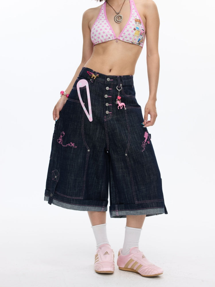 Pink Stitching Retro Cow Texture Denim Cropped Pants【s0000016818】
