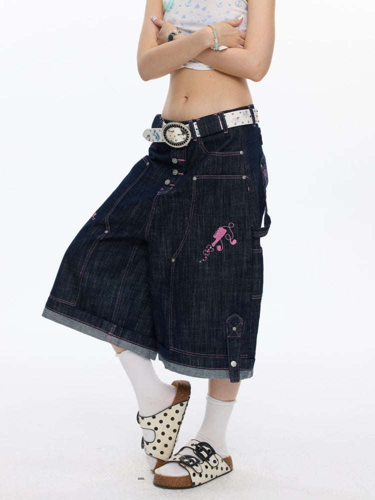 Pink Stitching Retro Cow Texture Denim Cropped Pants【s0000016818】