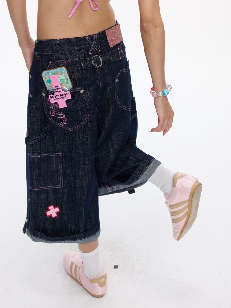 Pink Stitching Retro Cow Texture Denim Cropped Pants【s0000016818】