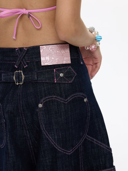 Pink Stitching Retro Cow Texture Denim Cropped Pants【s0000016818】