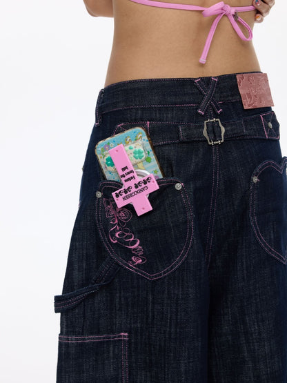 Pink Stitching Retro Cow Texture Denim Cropped Pants【s0000016818】