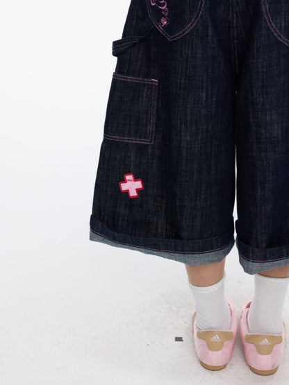 Pink Stitching Retro Cow Texture Denim Cropped Pants【s0000016818】