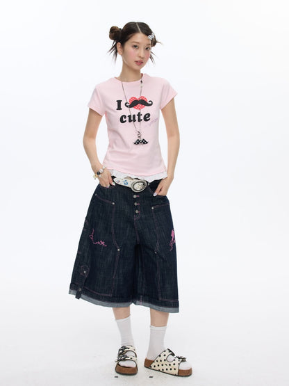 Pink Stitching Retro Cow Texture Denim Cropped Pants【s0000016818】