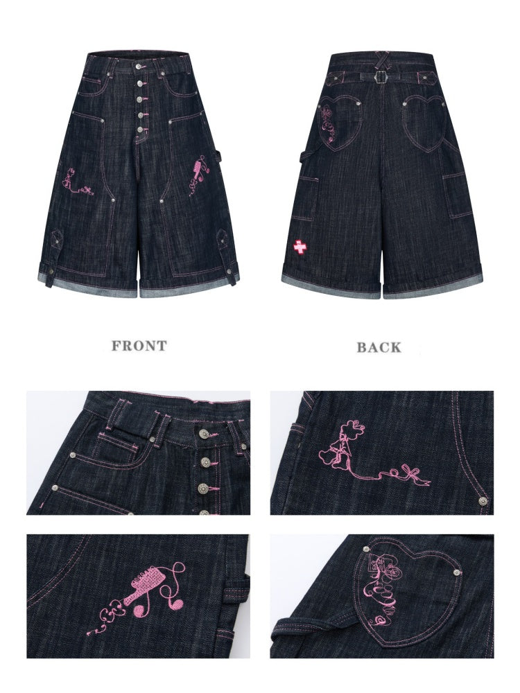 Pink Stitching Retro Cow Texture Denim Cropped Pants【s0000016818】