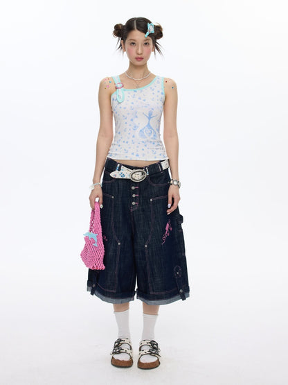 Pink Stitching Retro Cow Texture Denim Cropped Pants【s0000016818】