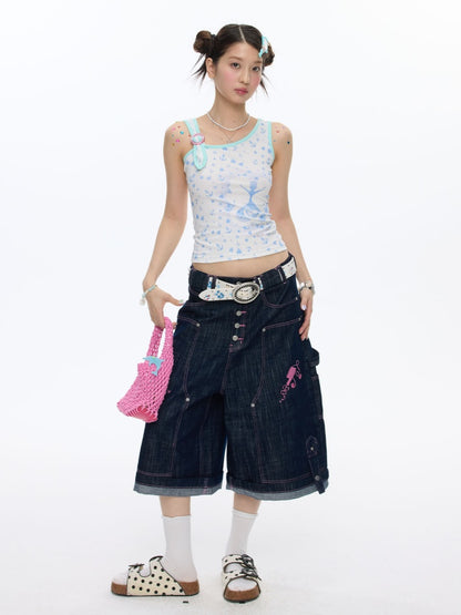 Pink Stitching Retro Cow Texture Denim Cropped Pants【s0000016818】