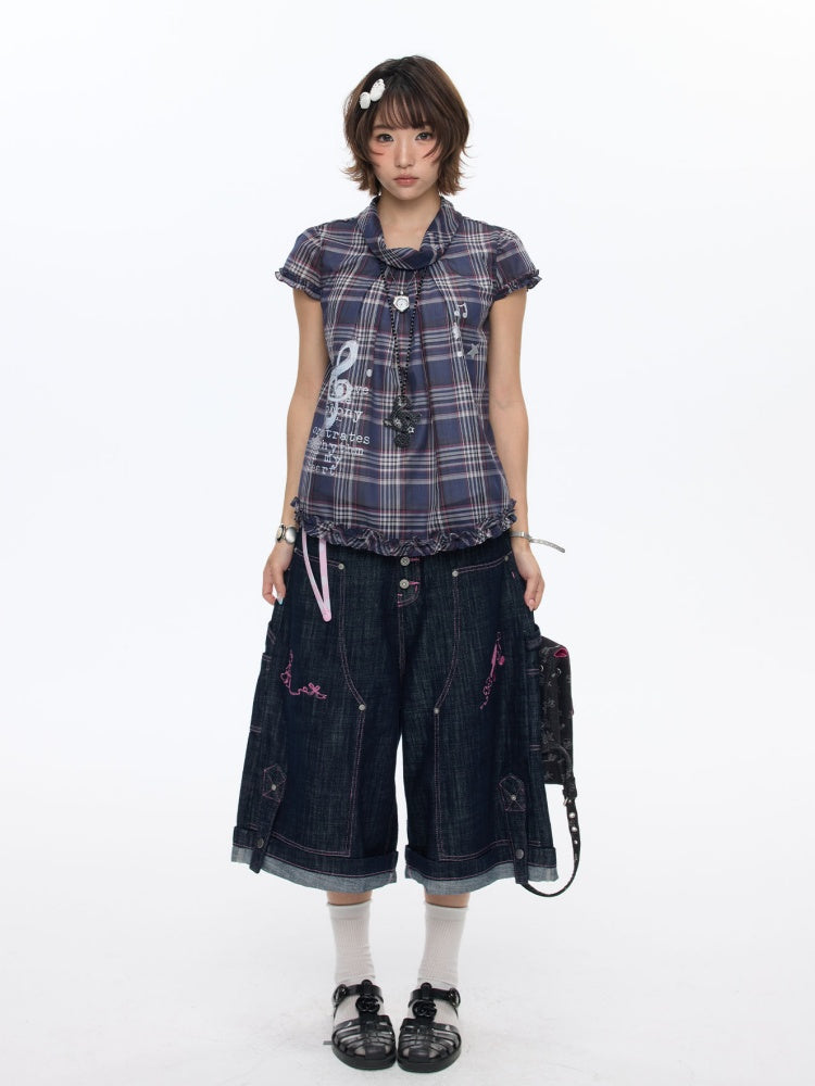 Pink Stitching Retro Cow Texture Denim Cropped Pants【s0000016818】