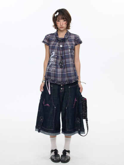Pink Stitching Retro Cow Texture Denim Cropped Pants【s0000016818】