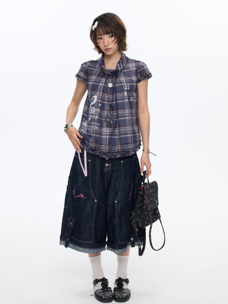 Pink Stitching Retro Cow Texture Denim Cropped Pants【s0000016818】