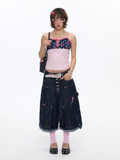Pink Stitching Retro Cow Texture Denim Cropped Pants【s0000016818】