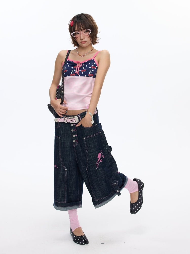 Pink Stitching Retro Cow Texture Denim Cropped Pants【s0000016818】