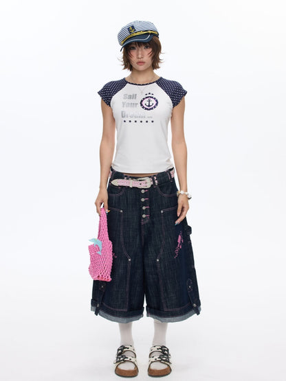 Pink Stitching Retro Cow Texture Denim Cropped Pants【s0000016818】