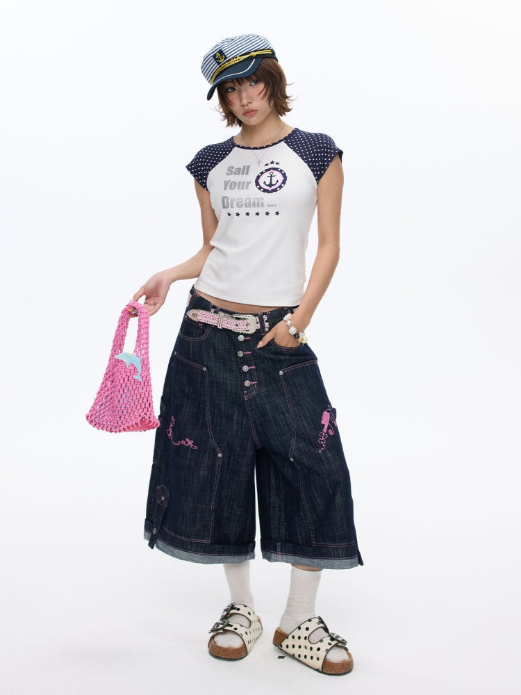 Pink Stitching Retro Cow Texture Denim Cropped Pants【s0000016818】