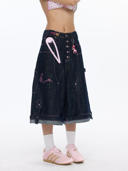 Pink Stitching Retro Cow Texture Denim Cropped Pants【s0000016818】