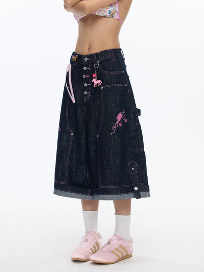 Pink Stitching Retro Cow Texture Denim Cropped Pants【s0000016818】
