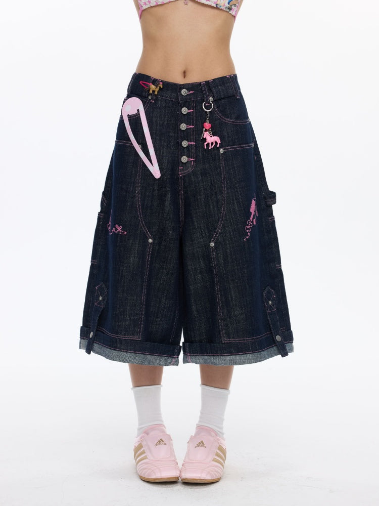 Pink Stitching Retro Cow Texture Denim Cropped Pants【s0000016818】